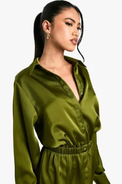 Shirt Dresses|Mini Dresses*boohoo Satin Shirt Mini Dress khaki