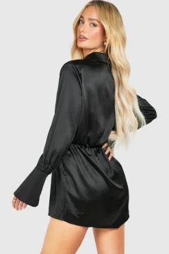 Shirt Dresses*boohoo Satin Shoulder Pad Mini Shirt Dress black