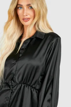 Shirt Dresses*boohoo Satin Shoulder Pad Mini Shirt Dress black