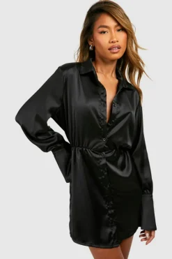 Shirt Dresses*boohoo Satin Shoulder Pad Mini Shirt Dress black