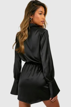 Shirt Dresses*boohoo Satin Shoulder Pad Mini Shirt Dress black