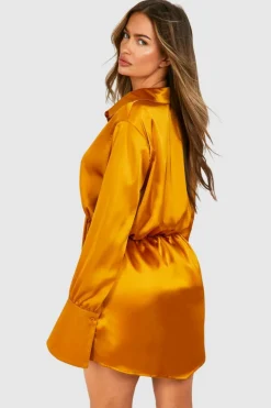 Shirt Dresses*boohoo Satin Shoulder Pad Mini Shirt Dress gold