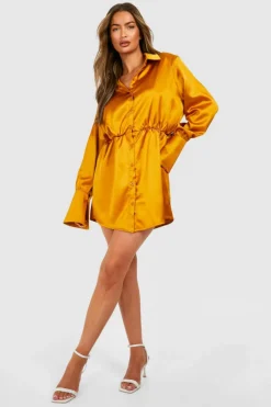 Shirt Dresses*boohoo Satin Shoulder Pad Mini Shirt Dress gold