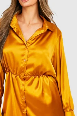 Shirt Dresses*boohoo Satin Shoulder Pad Mini Shirt Dress gold