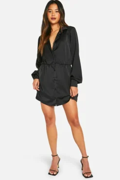 Shirt Dresses*boohoo Satin Shoulder Pad Shirt Dress black