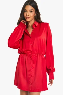 Shirt Dresses*boohoo Satin Shoulder Pad Shirt Dress red