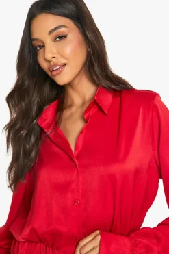 Shirt Dresses*boohoo Satin Shoulder Pad Shirt Dress red
