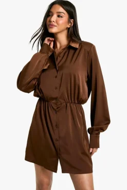 Shirt Dresses*boohoo Satin Shoulder Pad Shirt Dress chocolate