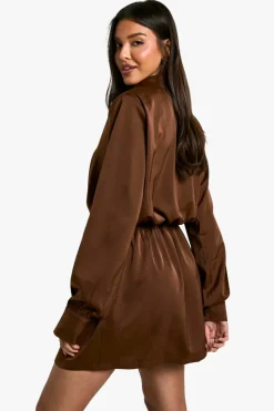 Shirt Dresses*boohoo Satin Shoulder Pad Shirt Dress chocolate