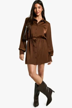 Shirt Dresses*boohoo Satin Shoulder Pad Shirt Dress chocolate