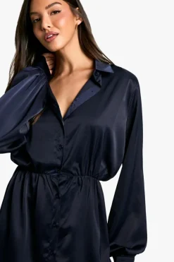 Shirt Dresses*boohoo Satin Shoulder Pad Shirt Dress navy