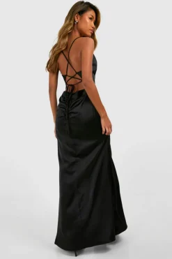 Cami Dresses*boohoo Satin Slip Side Split Maxi Dress black
