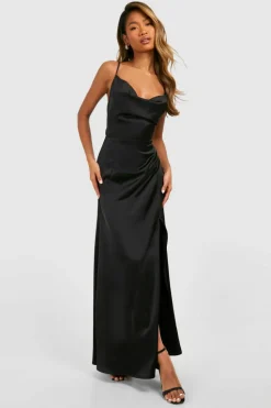 Cami Dresses*boohoo Satin Slip Side Split Maxi Dress black