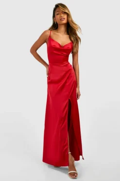 Cami Dresses*boohoo Satin Slip Side Split Maxi Dress red