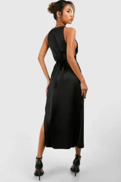 Cami Dresses*boohoo Satin Slip Split Leg Midaxi Dress black
