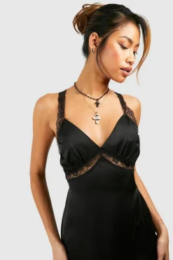 Cami Dresses*boohoo Satin Slip Split Leg Midaxi Dress black