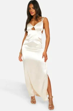 Cami Dresses*boohoo Satin Split Leg Strappy Maxi Slip Dress champagne