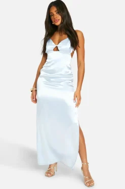 Cami Dresses*boohoo Satin Split Leg Strappy Maxi Slip Dress blue