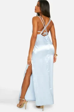 Cami Dresses*boohoo Satin Split Leg Strappy Maxi Slip Dress blue