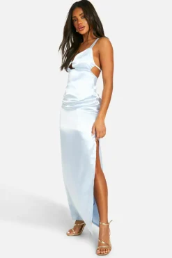 Cami Dresses*boohoo Satin Split Leg Strappy Maxi Slip Dress blue