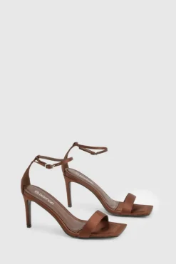 Heels*boohoo Satin Square Toe Mid Stiletto Heels chocolate