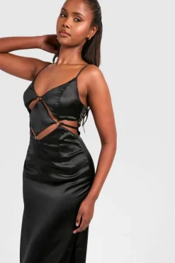 Cami Dresses*boohoo Satin Strappy Cut Cut Out Maxi Slip Dress black