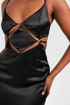 Cami Dresses*boohoo Satin Strappy Cut Cut Out Maxi Slip Dress black
