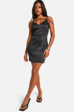 Cami Dresses*boohoo Satin Strappy Mini Dress black