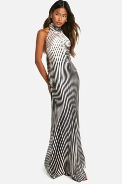 Maxi Dresses*boohoo Satin Stripe Halterneck Maxi Dress black