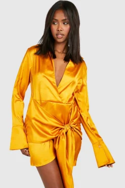 Shirt Dresses*boohoo Satin Tie Waist Shirt Dress gold