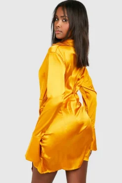 Shirt Dresses*boohoo Satin Tie Waist Shirt Dress gold