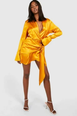 Shirt Dresses*boohoo Satin Tie Waist Shirt Dress gold