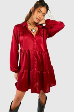 Shirt Dresses*boohoo Satin Tiered Smock Shirt Dress merlot