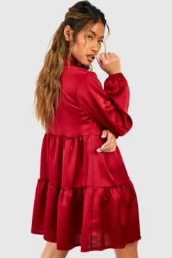Shirt Dresses*boohoo Satin Tiered Smock Shirt Dress merlot