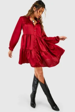 Shirt Dresses*boohoo Satin Tiered Smock Shirt Dress merlot