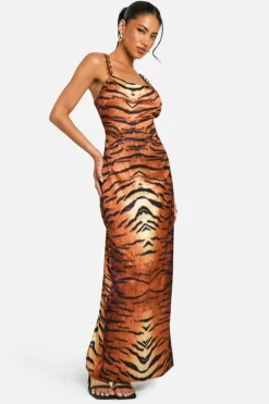 Cami Dresses*boohoo Satin Tiger Print Trim Strap Maxi Dress brown