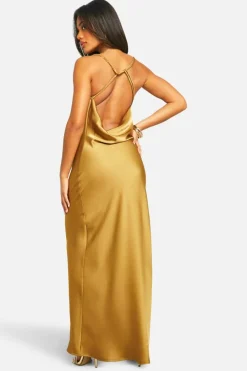 Cami Dresses*boohoo Satin Twist Strap Detail Maxi Dress olive