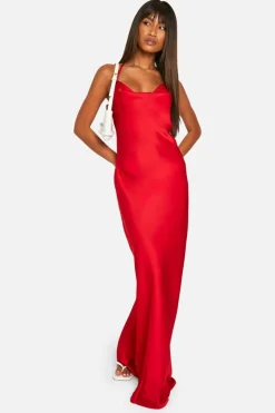 Cami Dresses*boohoo Satin Twist Strap Detail Maxi Dress red