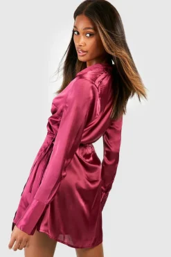 Shirt Dresses|Wrap Dresses*boohoo Satin Wrap Belted Shirt Dress mauve