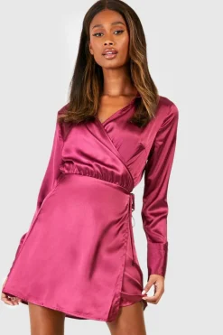 Shirt Dresses|Wrap Dresses*boohoo Satin Wrap Belted Shirt Dress mauve