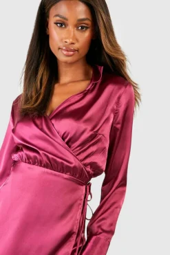 Shirt Dresses|Wrap Dresses*boohoo Satin Wrap Belted Shirt Dress mauve
