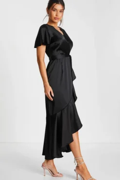 Wrap Dresses*Quiz Satin Wrap Maxi Dress Black