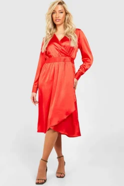 Wrap Dresses|Midi Dresses*boohoo Satin Wrap Midi Dress red