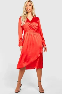 Wrap Dresses|Midi Dresses*boohoo Satin Wrap Midi Dress red