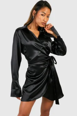 Shirt Dresses|Wrap Dresses*boohoo Satin Wrap Mini Shirt Dress black
