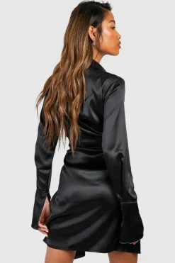 Shirt Dresses|Wrap Dresses*boohoo Satin Wrap Mini Shirt Dress black