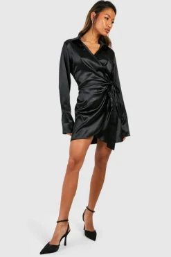 Shirt Dresses|Wrap Dresses*boohoo Satin Wrap Mini Shirt Dress black