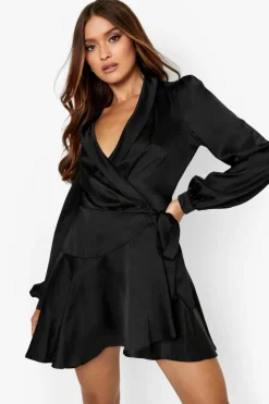 Wrap Dresses*boohoo Satin Wrap Mini Skater Dress black