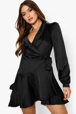 Wrap Dresses*boohoo Satin Wrap Mini Skater Dress black