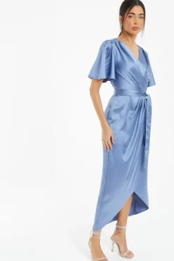 Wrap Dresses|Midi Dresses*Quiz Satin Wrap Ruched Midi Dress Blue